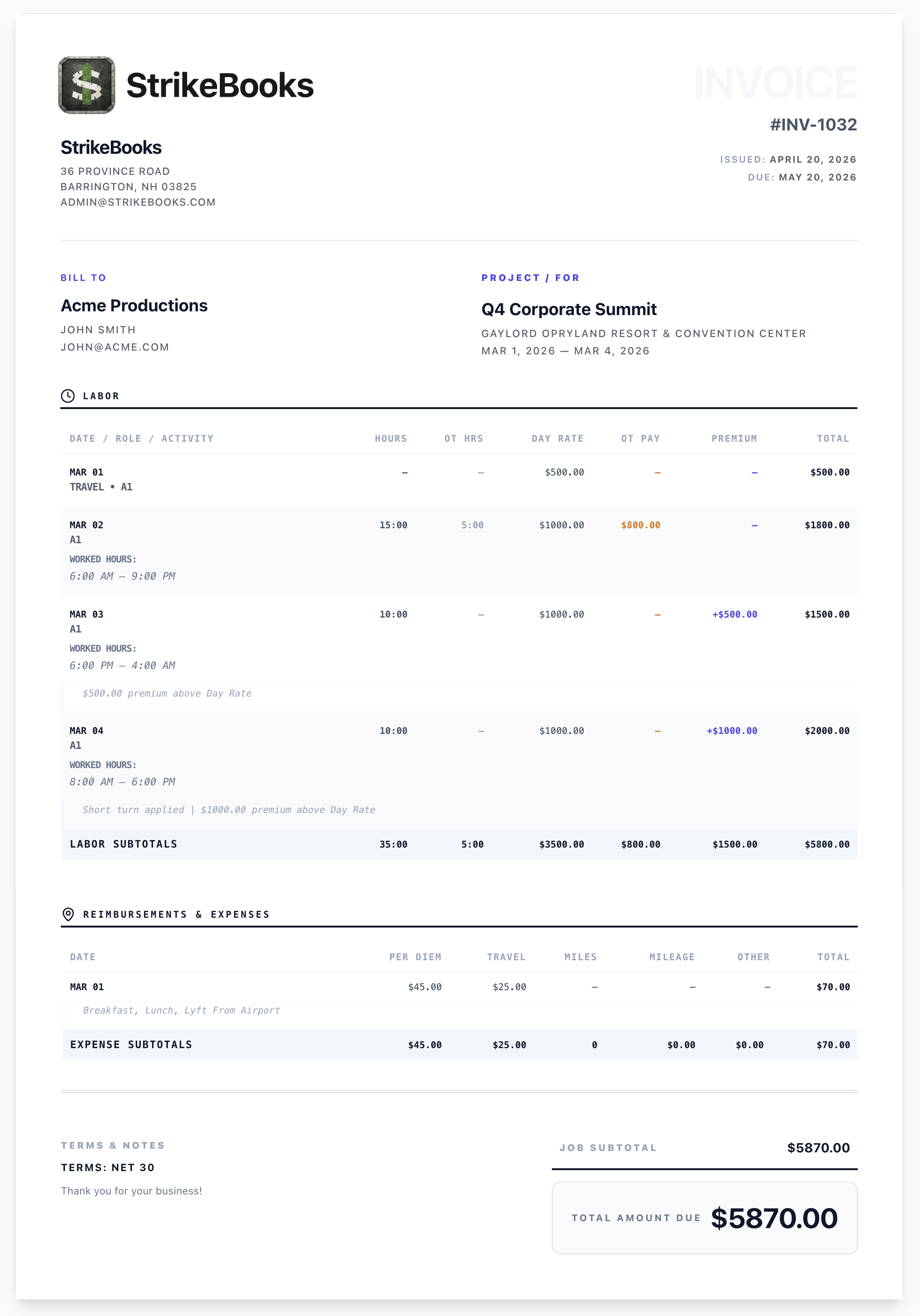 Sample StrikeBooks Invoice
